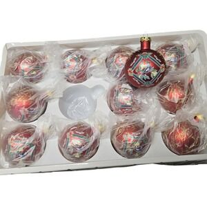 12‎ Days of Christmas Glass Ornaments Red Partridge Gold Glitter Balls Set of 12